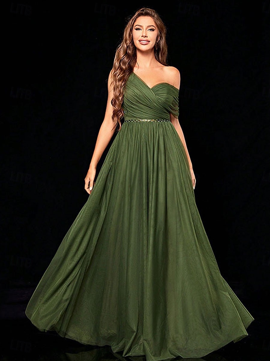 Abiti da festa A-Line Quinceañera Abito da festa Matrimonio Ospite di matrimonio Lunghezza del pavimento Senza maniche Scollo a V Tulle Senza schienale con Faldini del 2025 a $89.99 –P18