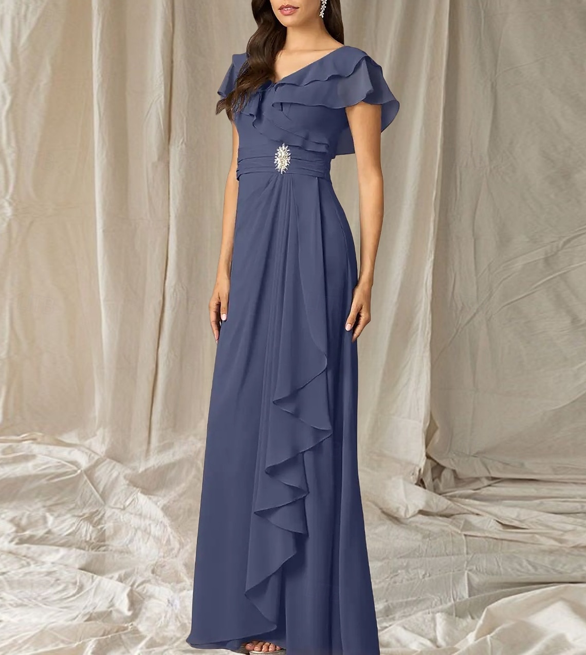 Robes de fête pour invité de mariage A-Line robe élégante longueur de sol à manches courtes décolletée en V en chiffon avec plis et volants de 2025 ? $169.99 –P3