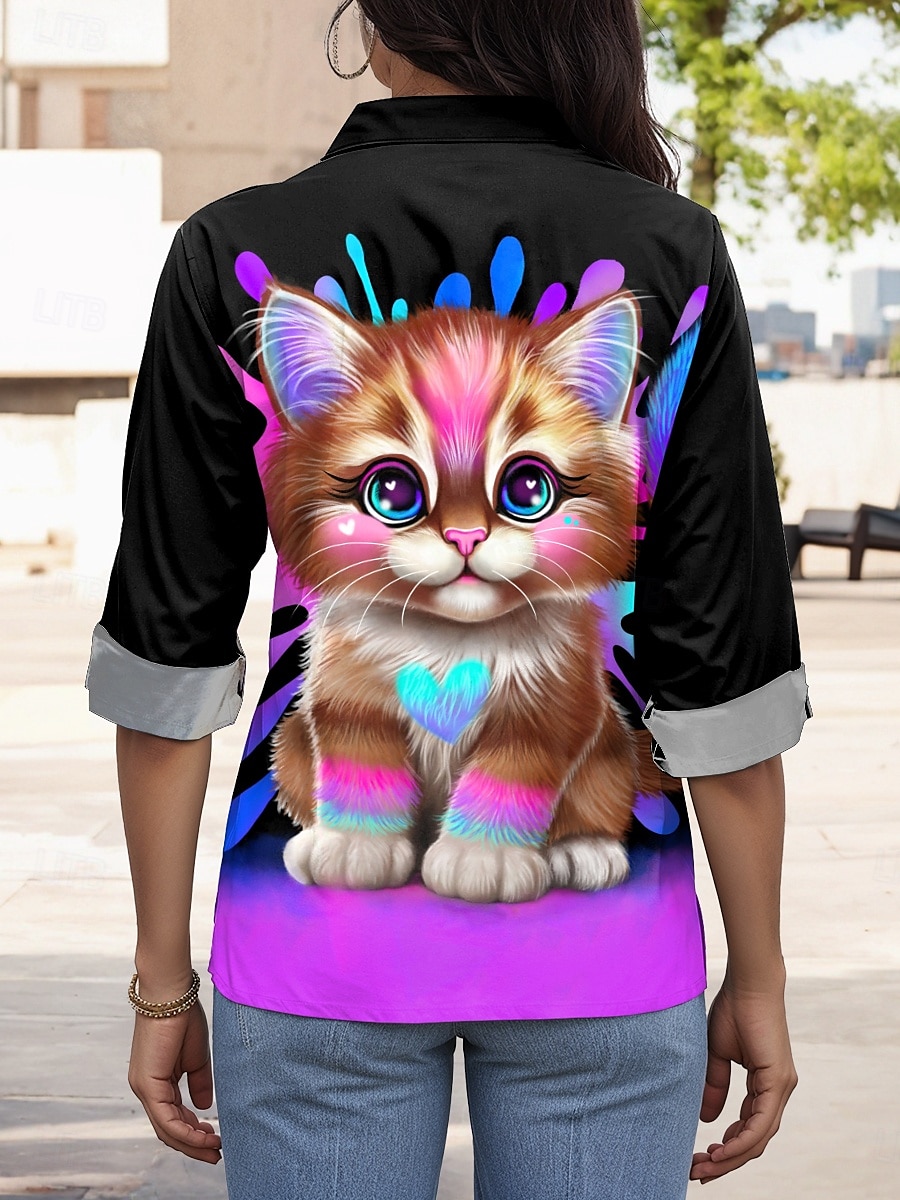 Lil Kitty di Sheena Pike Camicia da donna a maniche lunghe con colletto a bottoni grafica animale gatto stilosa moderna casual colletto regolare top da lavoro quotidiano stampa bottoni neri primavera del 2025 a $32.99 –P2