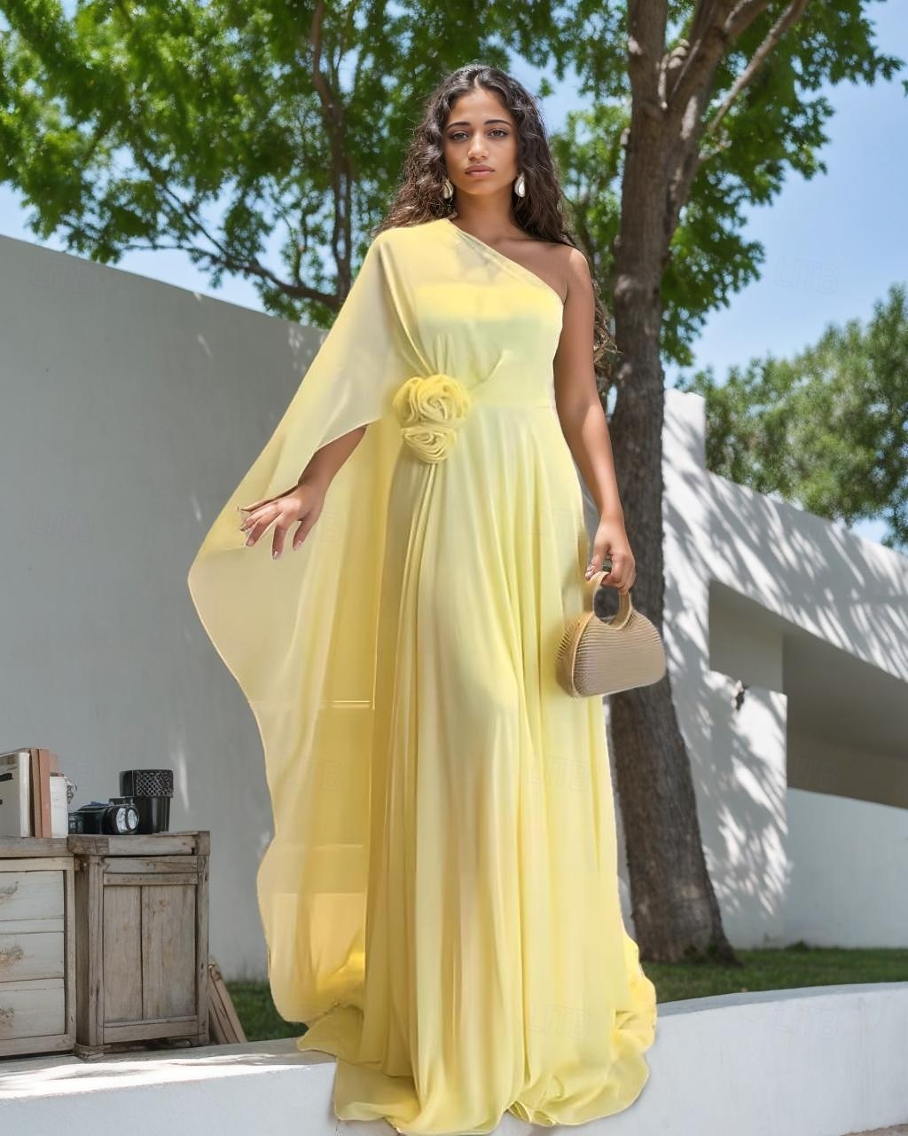 Robes de mariée Sirène  Trompette Une épaule Sans manches Longueur de sol en mousseline de soie Robes de mariée avec fleurs de 2025 ? $182.99 –P1
