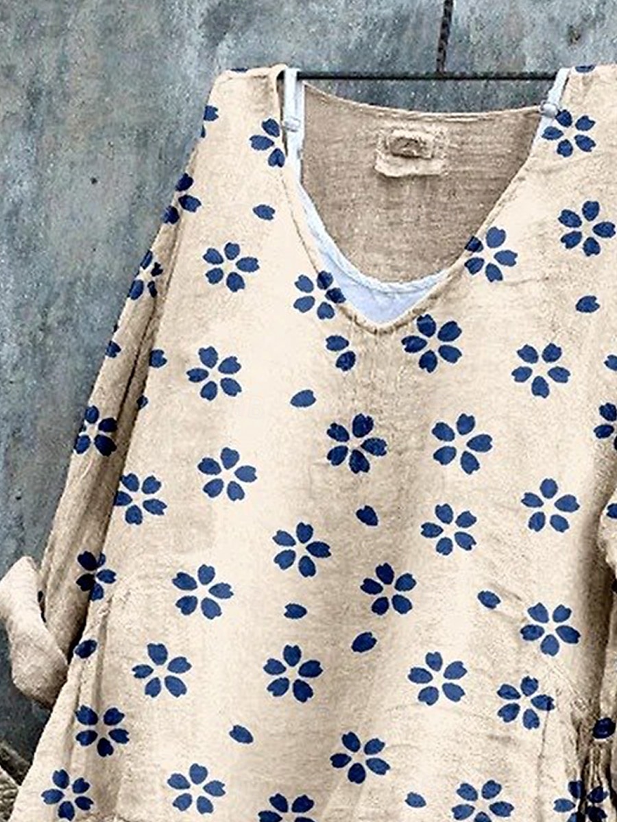 Femmes Chemisier Fleuri Graphique Élégant Occasionnel Manche 3/4 Col en V Hauts Réguliers Quotidien bleu marine Bleu Ciel Blanc Ecru Été Printemps de 2025 ? $24.99 –P5