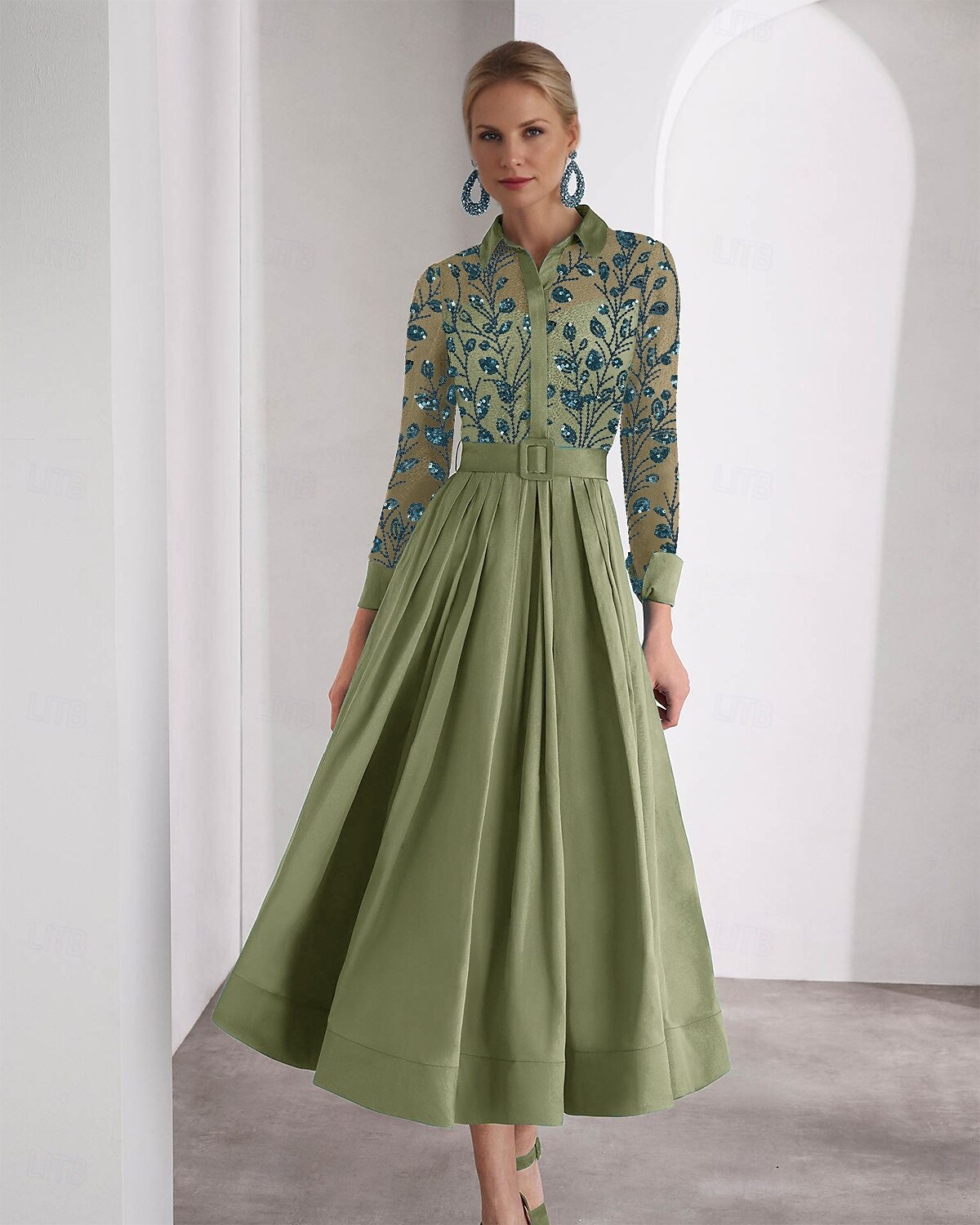 Blue Green Embroidered A-Line Cocktail Dresses Elegant Formal Wedding Guest Ankle Length Long Sleeve Shirt Collar Satin with Glitter Slit 2025 2025 - $172.99 –P3