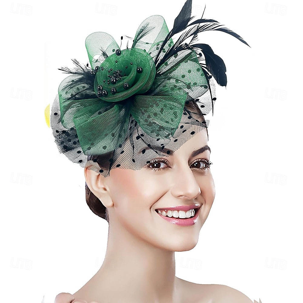 غطاء للرأس ريشة صاف قبعة فيدورا زفاف حفلة ليلية حفلة شاي سباق خيول كوكتيل عتيق لطيف مع ريش خوذة أغطية الرأس 2025 - $48.99 –P22