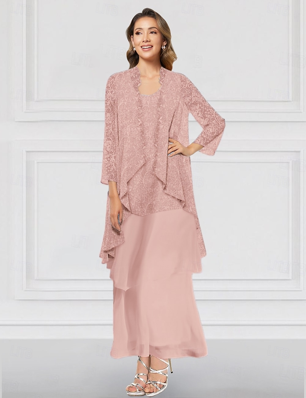Ensemble de robes A-Linie deux pièces vert bleu rose mère de la mariée élégante col ras du cou longueur cheville en chiffon à manches longues avec veste en dentelle volants niveau de 2025 ? $158.99 –P9