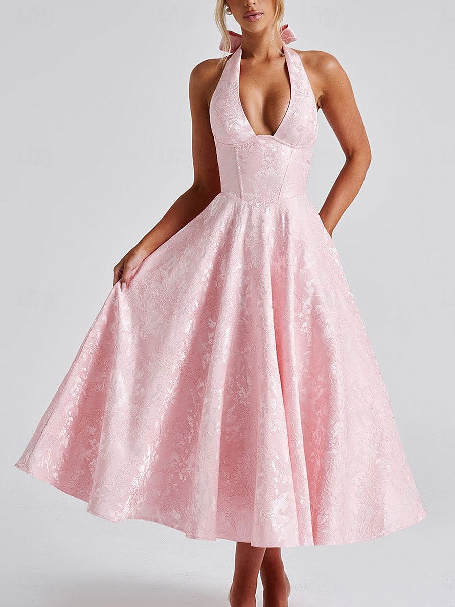 Rochie A-line Rochie Jacquard Rochie Semi-formală Rochie cocktail Lungime midi Fără mâneci Guler halter Fundiță Spate descoperit cu detaliu cu dantelă Rochie pentru invitați la nuntă 2025 - $79.99 –P2