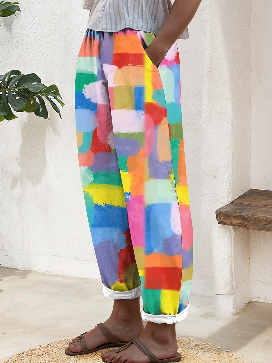 Women's Cotton Linen Pants Baggy Pants Linen Like Fashion Casual Full Length Mid Waist Floral Graphic Print Breathable Outdoor Comfortable Micro-elastic Daily Wear Rainbow Summer Spring Loose Fit 2025 - AU $57.99 –P1