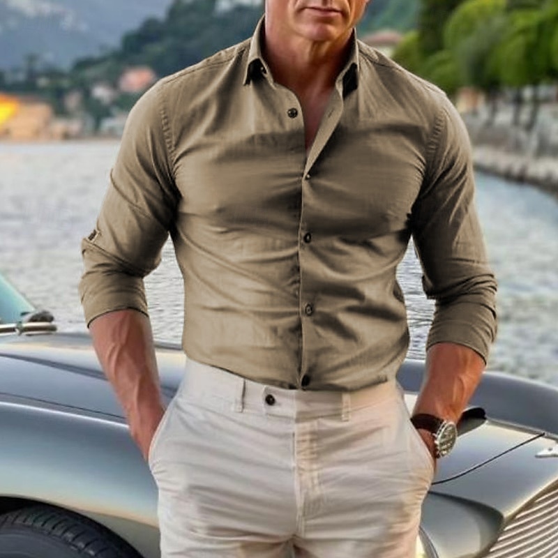 Herren Baumwollhemd Schwarz Weiß Kaki Dunkelgray Leicht Blau Langarm Einfach Revers Urlaub Hawaiianisch Button-Down Bekleidung 100% Baumwolle Mode Lässig Bequem 2025 - $27.99 –P6