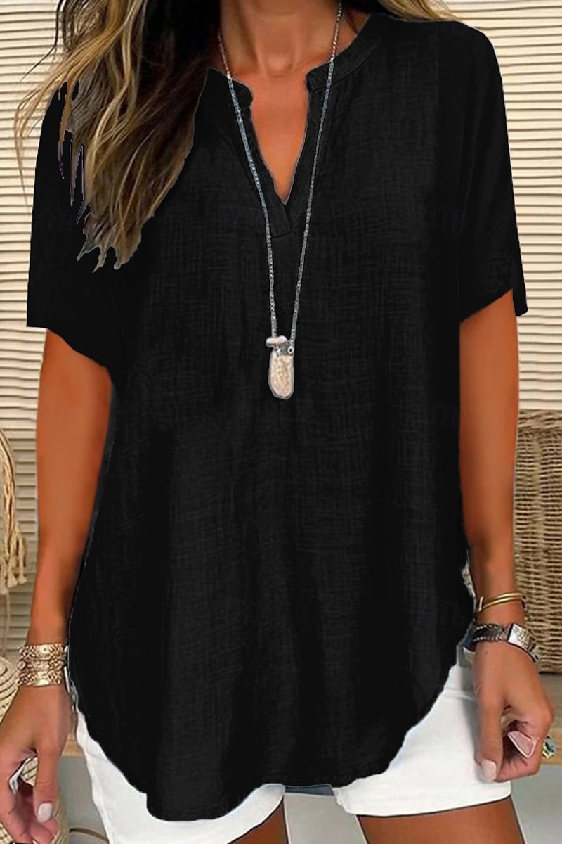 Per donna Camicia Blusa Camicie di cotone e lino Semplice Essenziale Casual Manica Corta Scollo a V Top Regolari Quotidiano Ferie Orlo asimmetrico Nero Bianco Blu Viola Estate del 2025 a $25.99 –P2