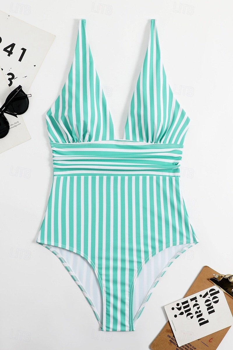 Femmes Maillots de Bain Une Pièce Maillot de bain Dos nu Tropical Tenues de plage Rayé Fil en V Sans manches Maillots de bain de 2025 ? $21.99 –P10