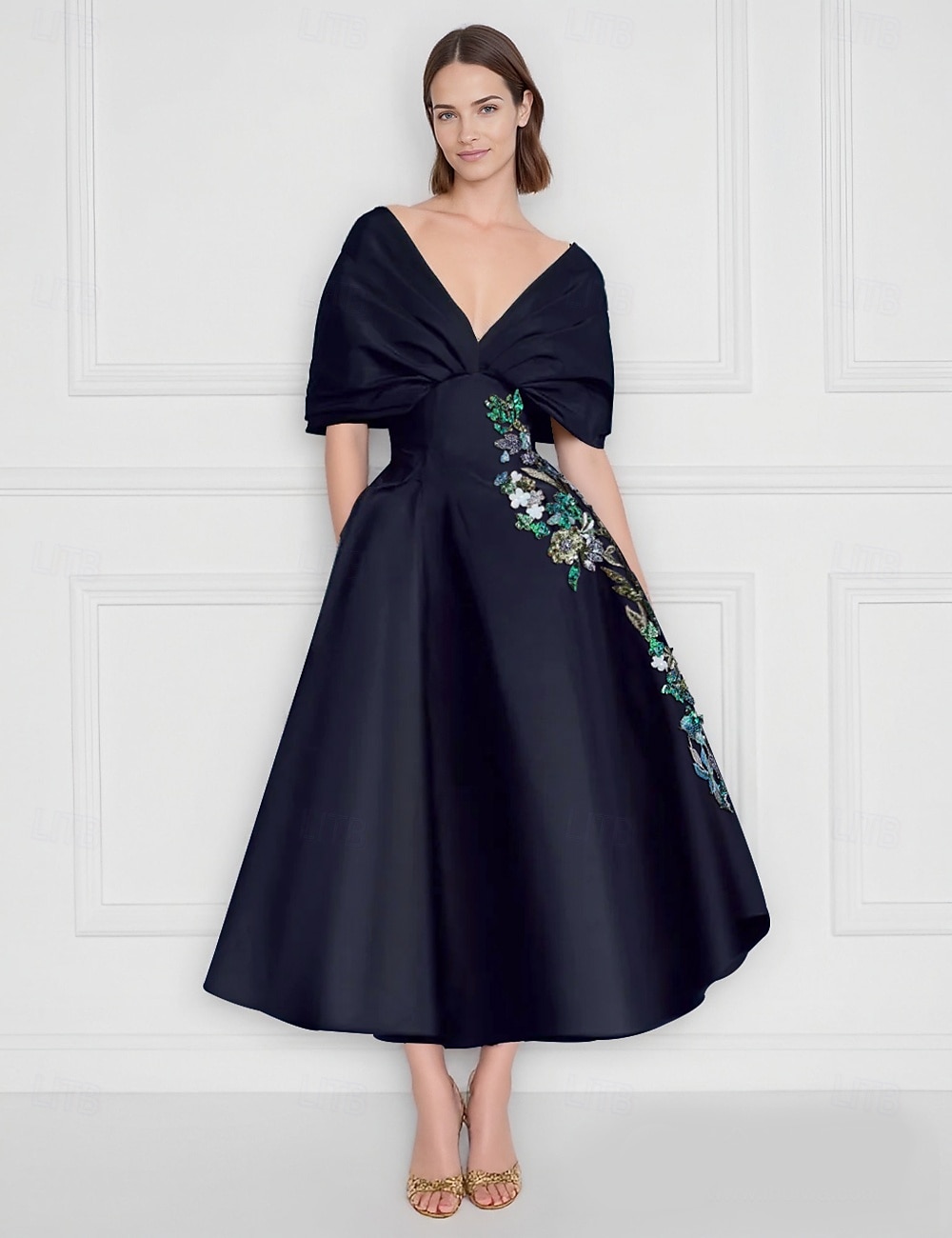 Robe cocktail A-Line bleue robe élégante formelle de mariage longueur cheville à manches courtes épaules dénudées en satin avec impression florale brodée poche de 2025 ? $148.99 –P2