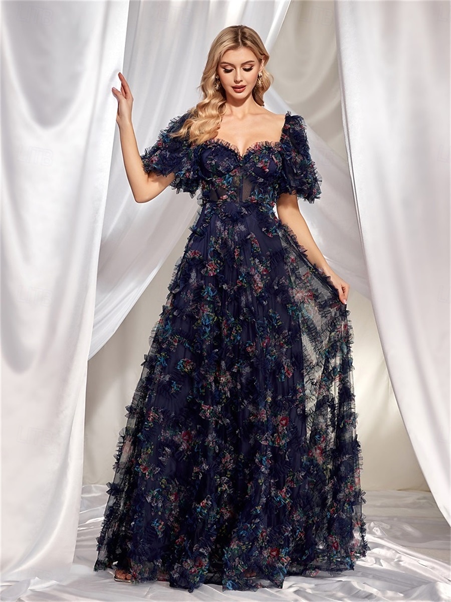 Rochii Invitată la Nuntă Rochie A-Line Corset Gât Îndulcit Mâneci Scurte cu Mâneci Burbă Lungime Podea Tulle cu Micro Volane 2025 - $189.99 –P3