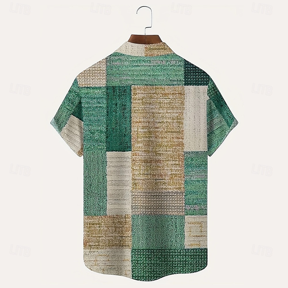 Men's Geometric Color Block Patchwork Shirt Casual Shirt Button Up Shirt Short Sleeve Fashion Casual Vacation Dailywear Holiday Summer Spring Turndown 3D Print Collared Shirts Front One Pocket Blue 2025 - $23.99 –P4