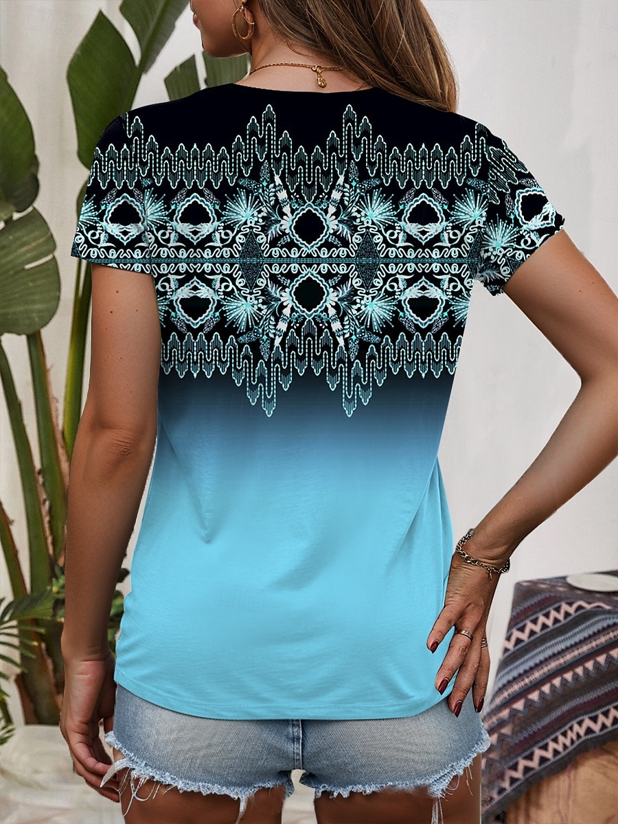 Pentru femei Tricou Ombre Grafic Geometric Epocă Stilat Casual Manșon scurt În V Topuri obișnuite Zilnic Imprimeu Albastru piscină Mov Trifoi Vară Primăvară 2025 - $19.99 –P2