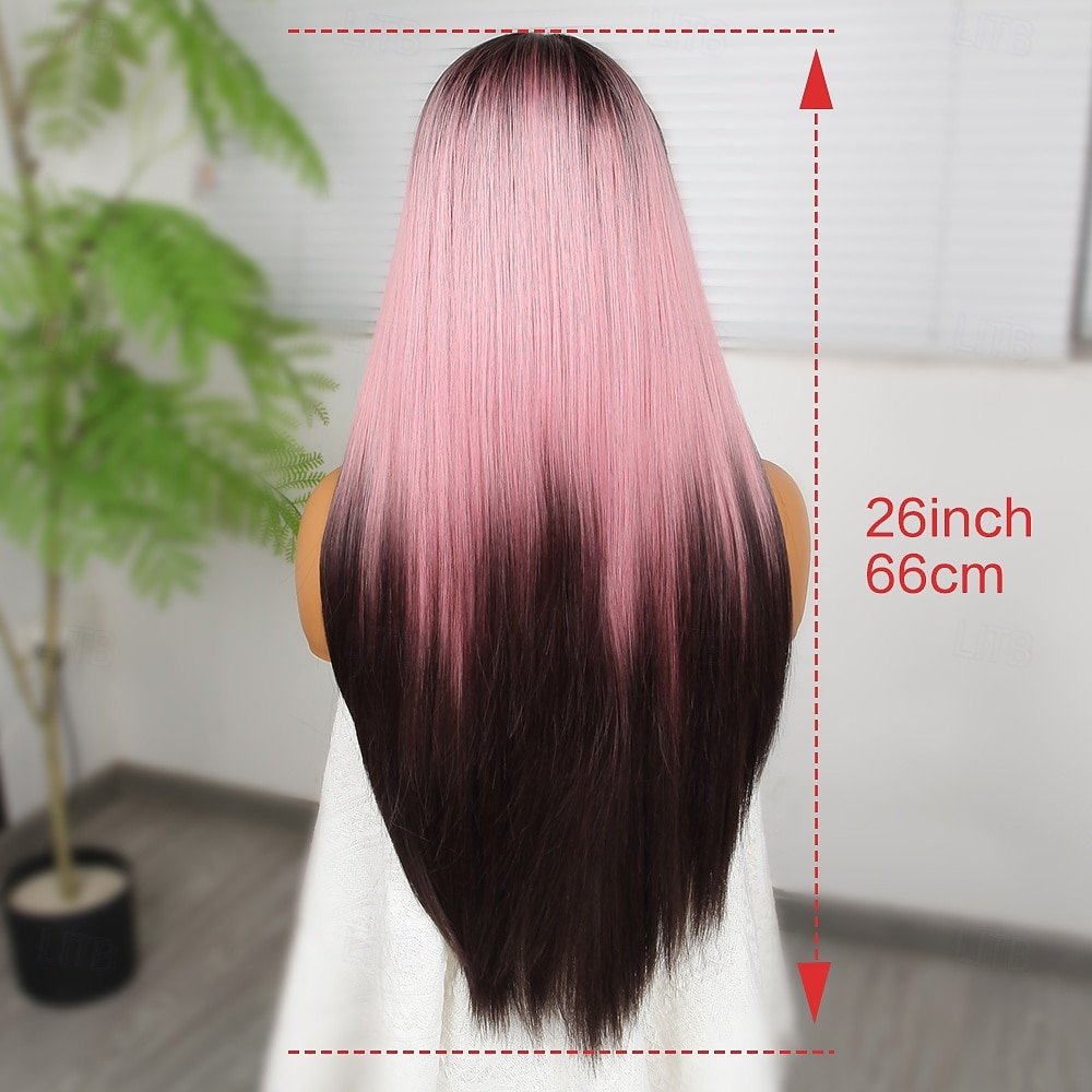Pink Middle Part Synthetic Lace Wig Straight Style 26 inch Pink Middle Part 13x4 Lace ...