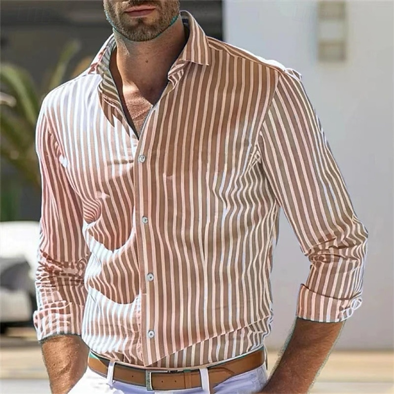 Men's Shirt Summer Shirt Casual Shirt Beach Shirt Button Up Shirt Light Pink Yellow Light Green Red Green Long Sleeve Stripes and Plaid Lapel Vacation Hawaiian Clothing Apparel Polyester Fashion 2025 - $26.99 –P7