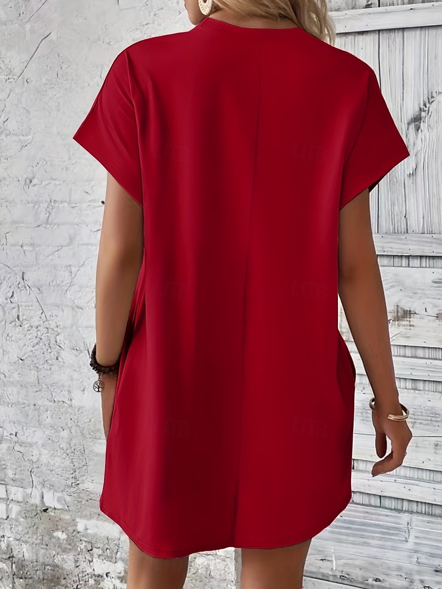 Damen Mini Kleid T-Shirt Kleid Tee Kleid einfarbig Sommer Kleid lässig täglich reguläre Passform Grafik Kurzarm V-Ausschnitt Schwarz Rot Olivgrün Aprikose Sommer 2025 - $19.99 –P19