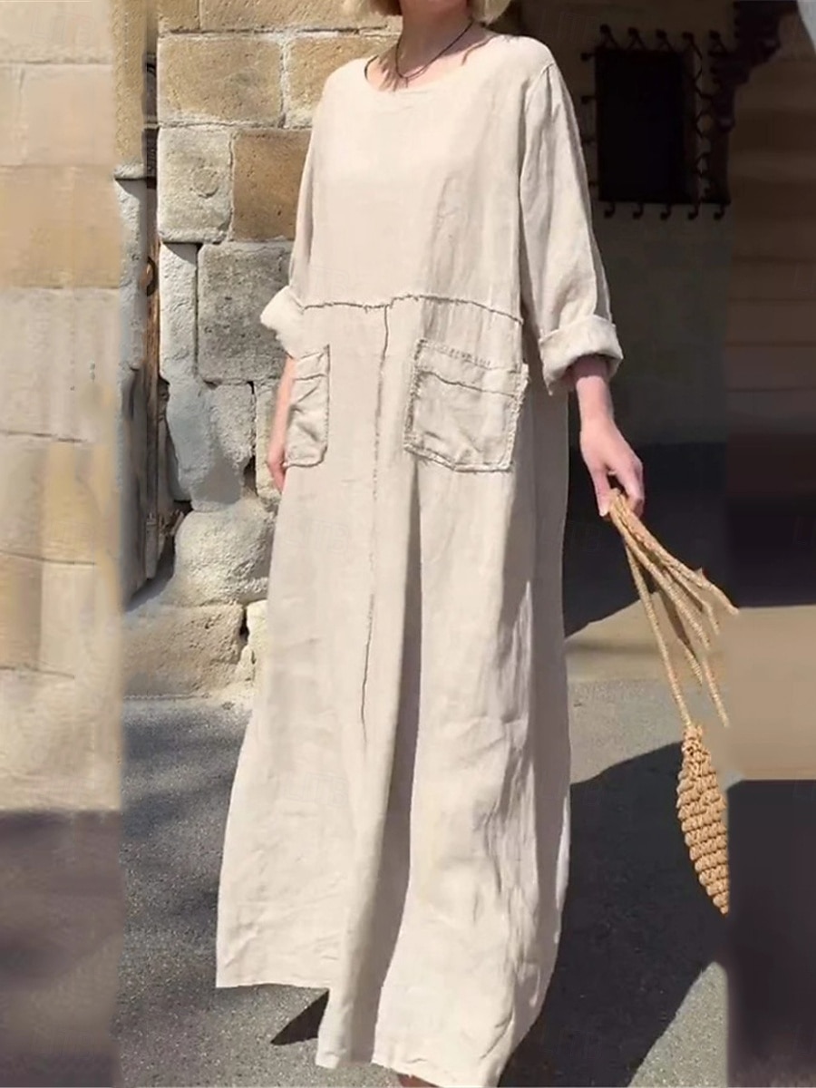 Woman's Maxi-Kleid Sommerkleid Leinen Lässig Täglich Regulär Passform Grafik Einfarbig Lange Ärmel Rundhals Schwarz Rot Blau Beige Sommer 2025 - $37.99 –P3