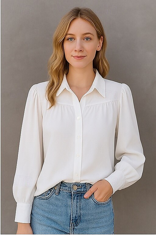 Women's Shirt Plain Basic Modern Long Sleeve Shirt Collar Regular Tops Daily Holiday Buttons White Summer 2025 - $14.99 –P3