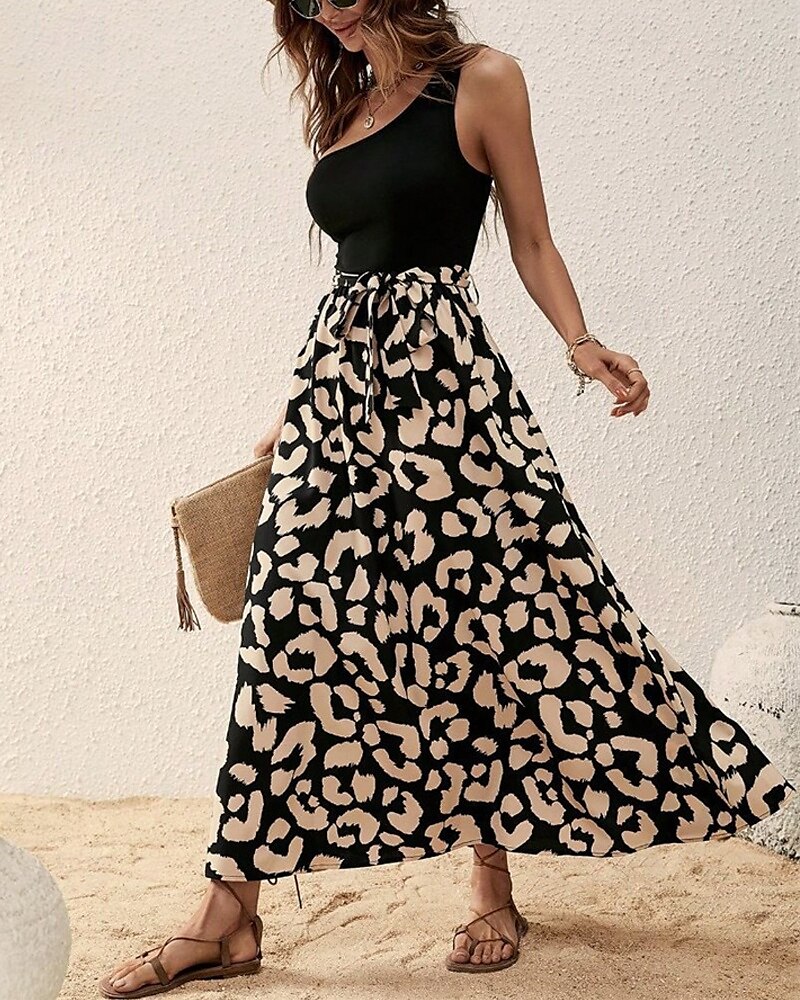 Femmes Robe Midi Robe Décontractée Robe d'été Élégant Mode Moderne Quotidien Plage Week-end Coupe régulière Léopard Sans manches Une Épaule Noir bleu marine Été de 2025 ? $27.99 –P5