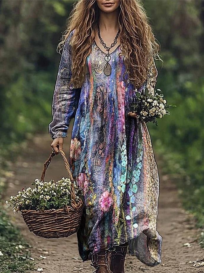 Dames Maxi-jurk Zonnejurk Geplooide jurk Vakantie Casual Boho Uitgaan Strand Ruim Passend Bloemig Grafisch Lange mouw V-hals blauw Licht Blauw-Wit Amethist Zomer Lente 2025 - $35.99 –P1