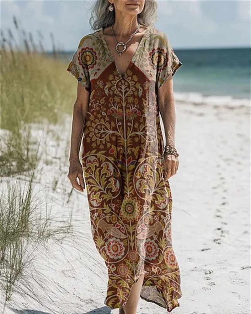 Femmes Robe Longue Maxi Robe Robes en coton et lin Robe Décontractée Robe bohème Robe occidentale Mode Extérieur Soirée Fête Coupe régulière Fleur Manche Courte Col en V Noir Bleu Violet Marron Été de 2025 ? $32.99 –P3
