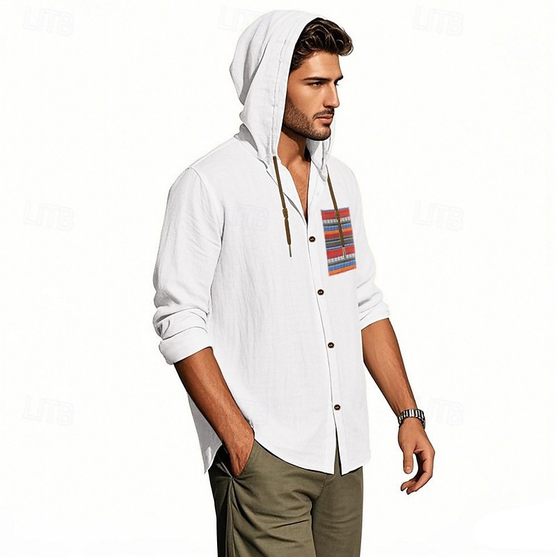 Men's Shirt Linen Shirt Summer Shirt Beach Shirt Button Up Shirt Hooded Shirt Plain Vacation Daily Wear Black White Sky Blue Khaki Long Sleeve Hooded Summer Clothing Apparel Patchwork 2025 - $22.99 –P4