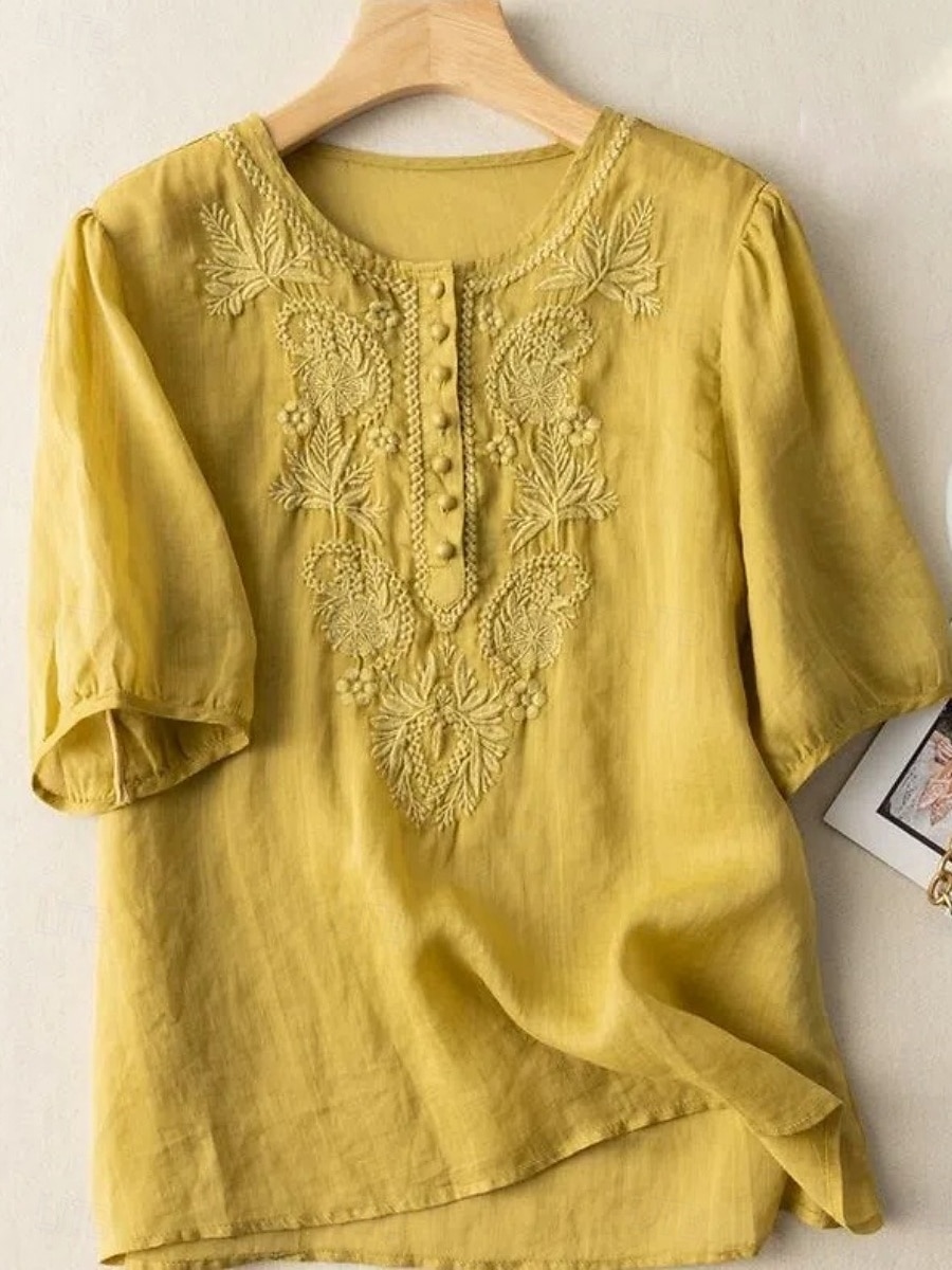 Dames Overhemd Bloemig Basic Casual Halve mouw Strakke ronde hals Normale tops Dagelijks Met ruches Geborduurd Knop Wit Geel blauw Khaki Zomer 2025 - $17.99 –P1
