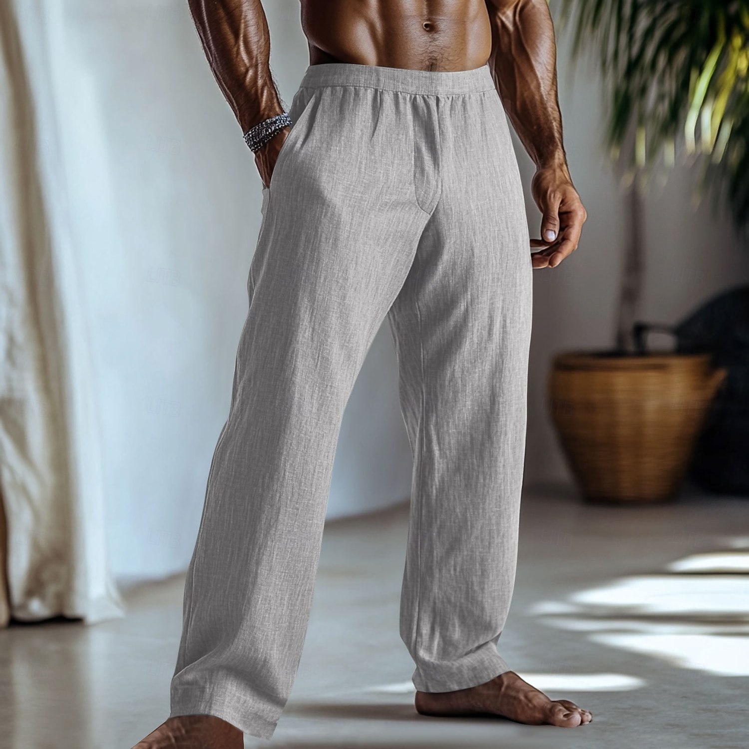 Men's Linen Pants Trousers Summer Pants Baggy Pants Elastic Waist Straight Leg Plain Comfort Breathable Full Length Daily Home Yoga Fashion Classic Style Light Green 2026 - $25.99 –P7