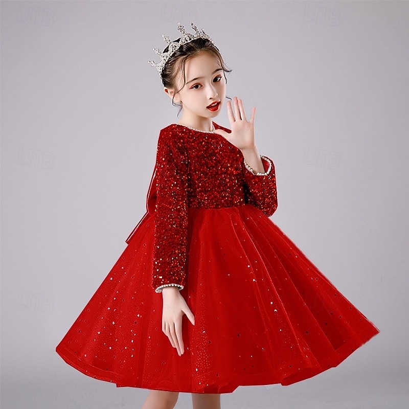 Kinder Mädchen Kleid Partykleid Einfarbig Langarm Leistung Pailletten Netz Prinzessin Süß Netzstoff Knöchellang Etui-Kleid Tüllkleid Sommer Frühling Herbst Kinder Rosa Wein Khaki 2025 - $61.99 –P1