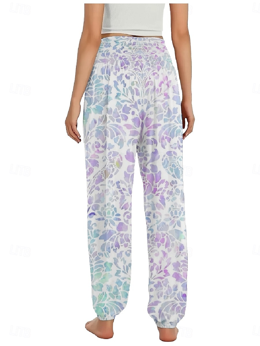 Dam Linneinspirerade byxor Brett skaft Byxor Etnisk Stil Ledigt Boho Fullängd Hög midja Blommig Ficka Elastisk midja Tryck Mateial som andas Mjuk Microelastisk Utomhus Yoga Rosa Kungsblå Blå Purpur 2025 - $20.99 –P14
