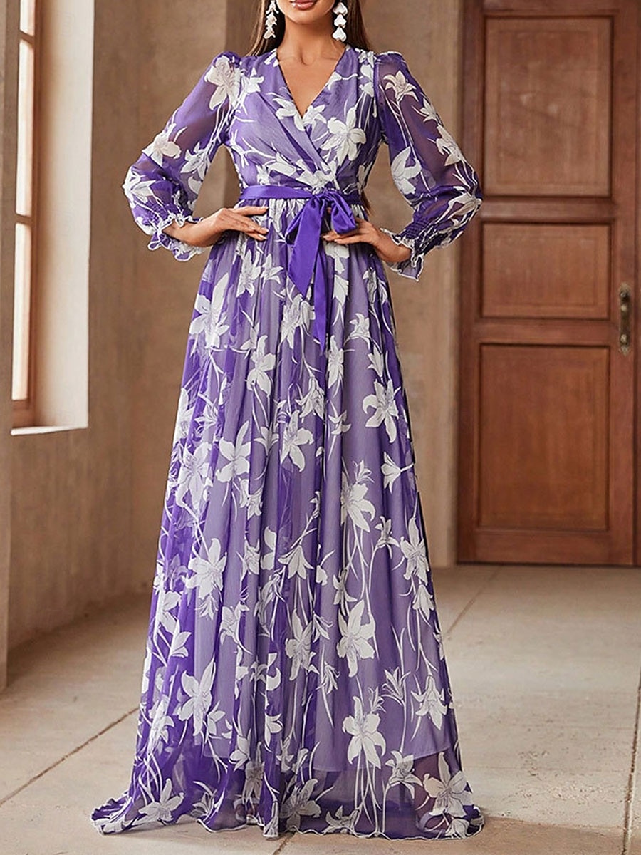Rochii Rochie Mama Miresei Elegant Casual În V Lungime Podea Mătase imitată Manșon Lung cu Eșarfă / Panglică 2025 2025 - $89.99 –P3