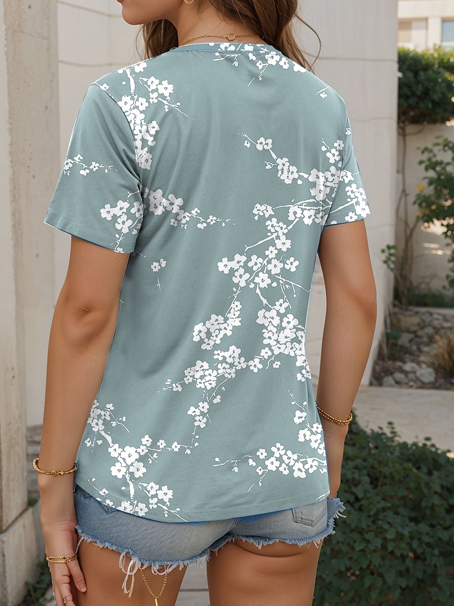Femmes T-shirt Fleuri Graphique Élégant Classique Occasionnel Manche Courte Col carré Hauts Réguliers Quotidien Week-end Imprimé Rose Claire Bleu Vert Été de 2025 ? $27.99 –P2