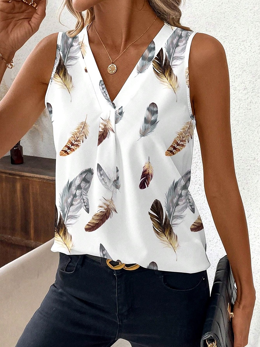 Dame Camisole Tank Top Grafisk Fjær Elegant Bohem Stilfull Ermeløs V-hals Vanlige topper Daglig Ut på byen Ferieklær Trykt mønster Hvit Sommer Vår 2025 - $19.99 –P1