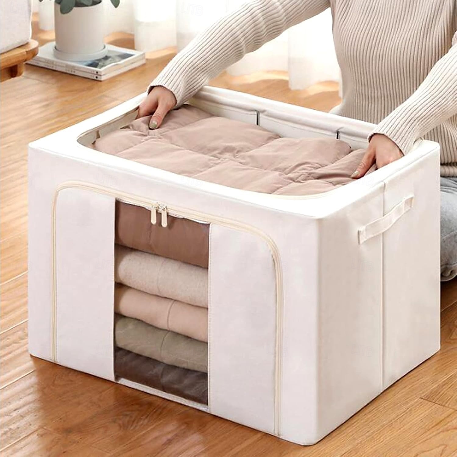Clothes Storage Bins Stackable Metal Frame Storage Box Foldable Linen Fabric Organizer with Carrying Handles and Clear Window 2025 - $13.99 –P8