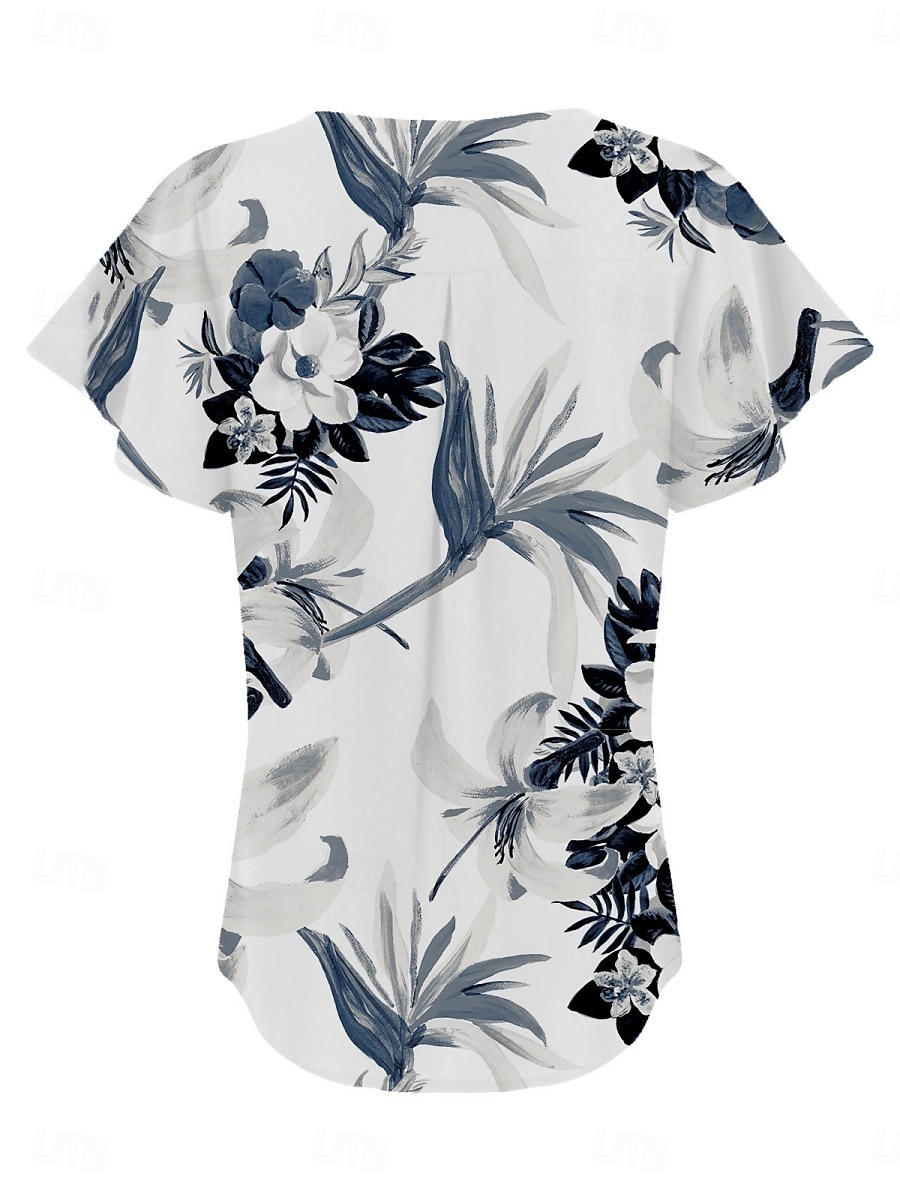 Blouses d'été pour femmes tops floraux stylés décontractés manches courtes col en V tops réguliers quotidien imprimé blanc bleu gris bleu clair été printemps de 2025 ? $15.99 –P9