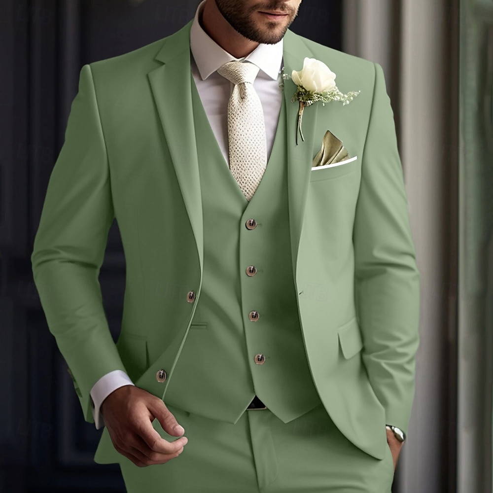 Men's Wedding Business Suits Sage Formal Summer Solid Colored Standard Fit 3 Piece Single Breasted Two-buttons 2025 - $122.99 –P1