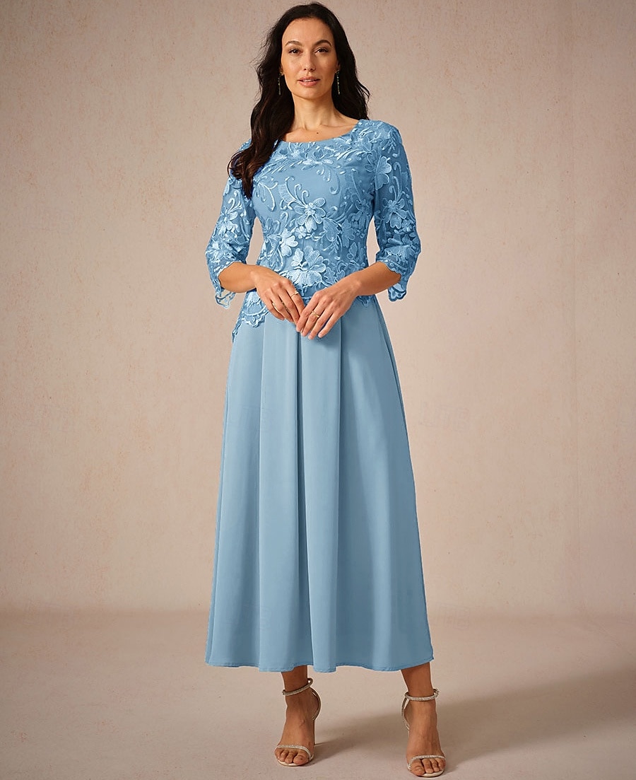 Dames Maxi-jurk A lijn jurk Elegant Formeel Formeel Bruiloft gast Normale pasvorm Effen 3/4 mouw Strakke ronde hals Licht Blauw Zomer Lente Herfst 2025 - $51.99 –P3