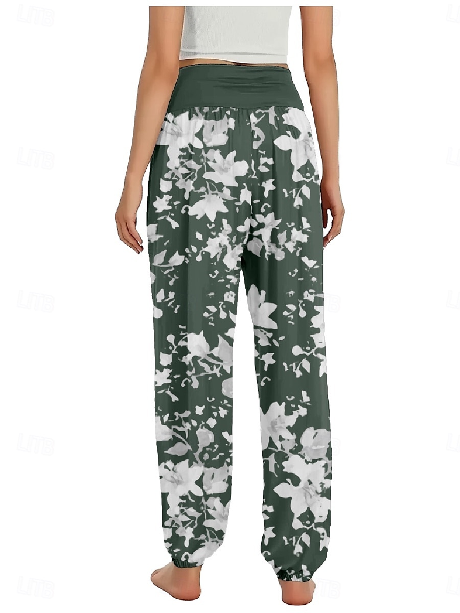 Dam Linneinspirerade byxor Brett skaft Byxor Etnisk Stil Ledigt Boho Fullängd Hög midja Blommig Ficka Elastisk midja Tryck Mateial som andas Mjuk Microelastisk Utomhus Yoga Svart Rosa Marinblå Blå 2025 - $21.99 –P5