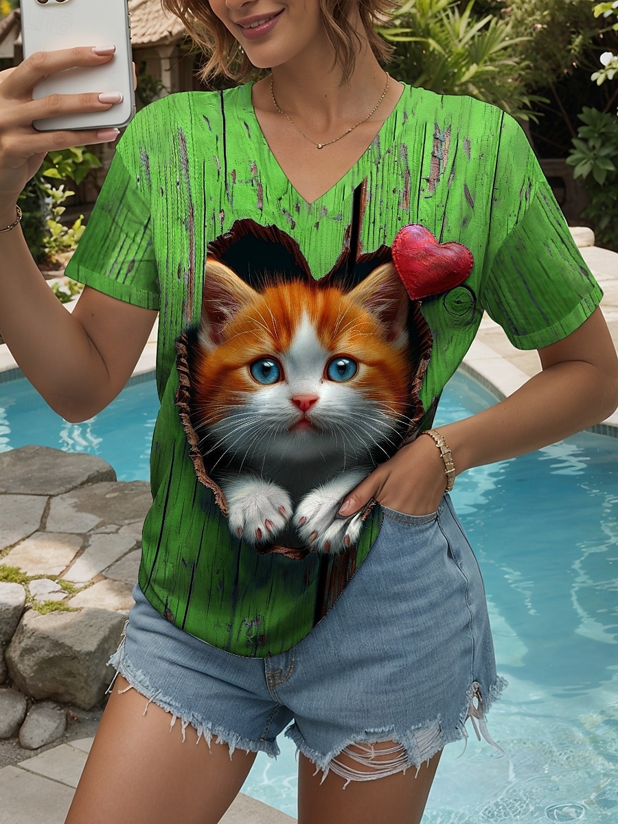 Per donna Maglietta Grafico Animale Gatto Vintage Elegante Casual Manica Corta Scollo a V Top Regolari Quotidiano Stampato Blu Viola Verde Estate Primavera del 2025 a $19.99 –P4