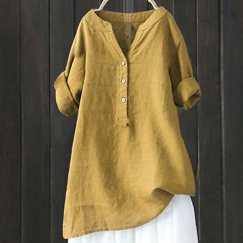 Damen Hemd Baumwoll-Leinen-Hemden Bluse Einfach Modern Lässig Langarm V Ausschnitt Normale Oberteile Täglich Ferien Ausgehen Knöpfe Schwarz Gelb Marineblau Beige Sommer 2025 - $23.99 –P5