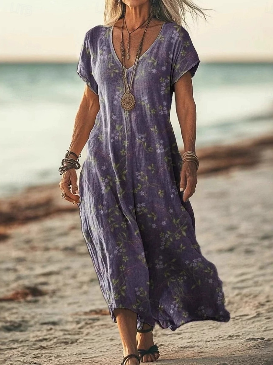 Femmes Robe Longue Maxi Robe Robe Décontractée Robe d'été Robe bohème africain Vacances Quotidien Week-end Coupe régulière Fleuri Manche Courte Col en V Vert Claire Violet Vert Abricot Été de 2025 ? $22.99 –P2