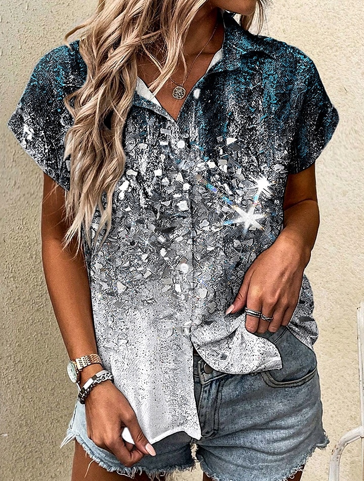 Dame Skjorte Blomstret Grafisk sparkly Årgang Tropisk Daglig Ermeløs Kortermet Kappeerme Skjortekrage Lange topper Daglig Dusty Blue Gull Sommer Vår 2025 - $25.99 –P4