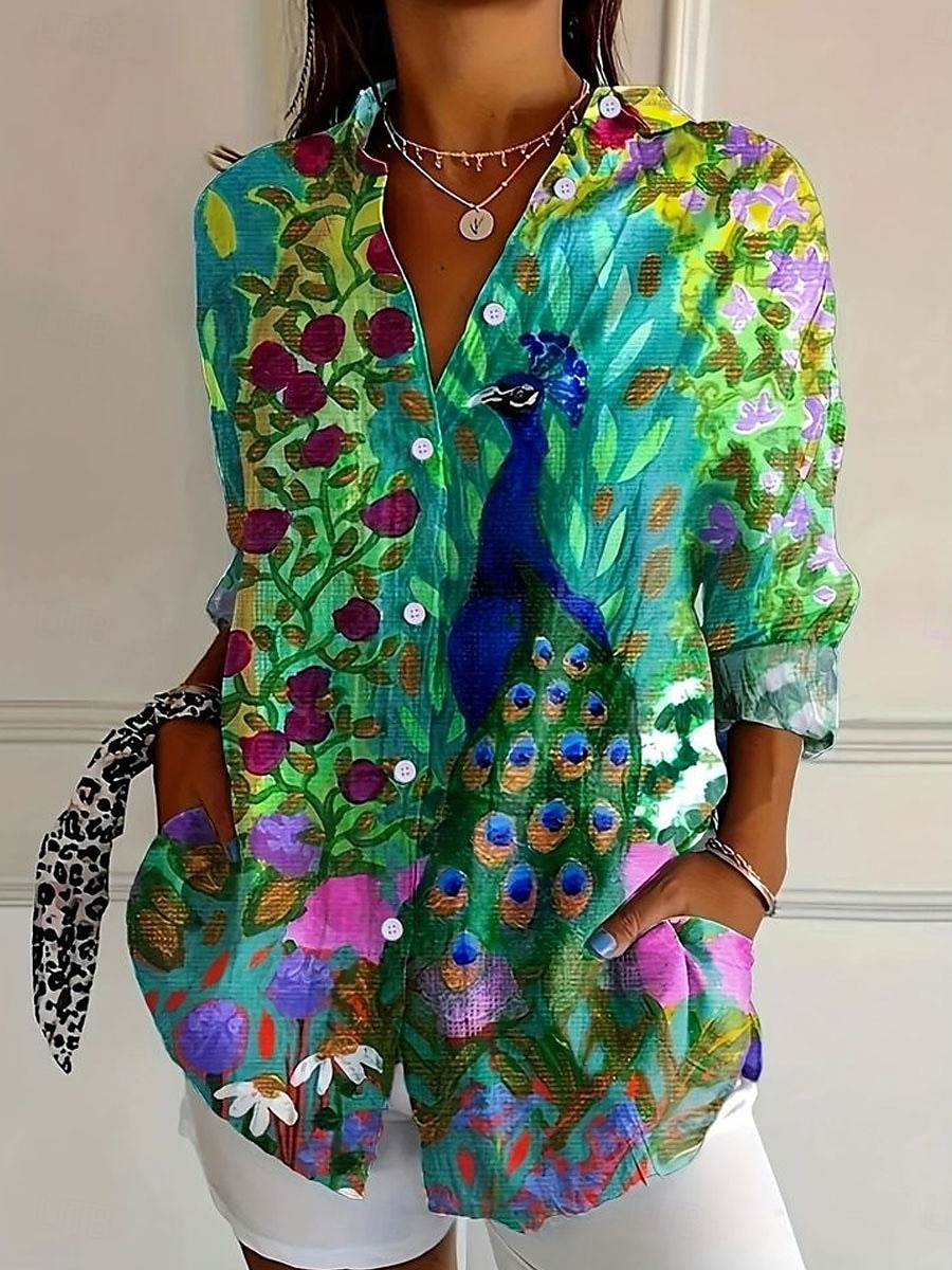 Women's Shirt Floral Graphic Bird Daily Stylish Casual Long Sleeve Shirt Collar Regular Tops Work Daily Buttons Print Red Blue Sky Blue Orange Green Summer Spring 2025 - $32.99 –P2