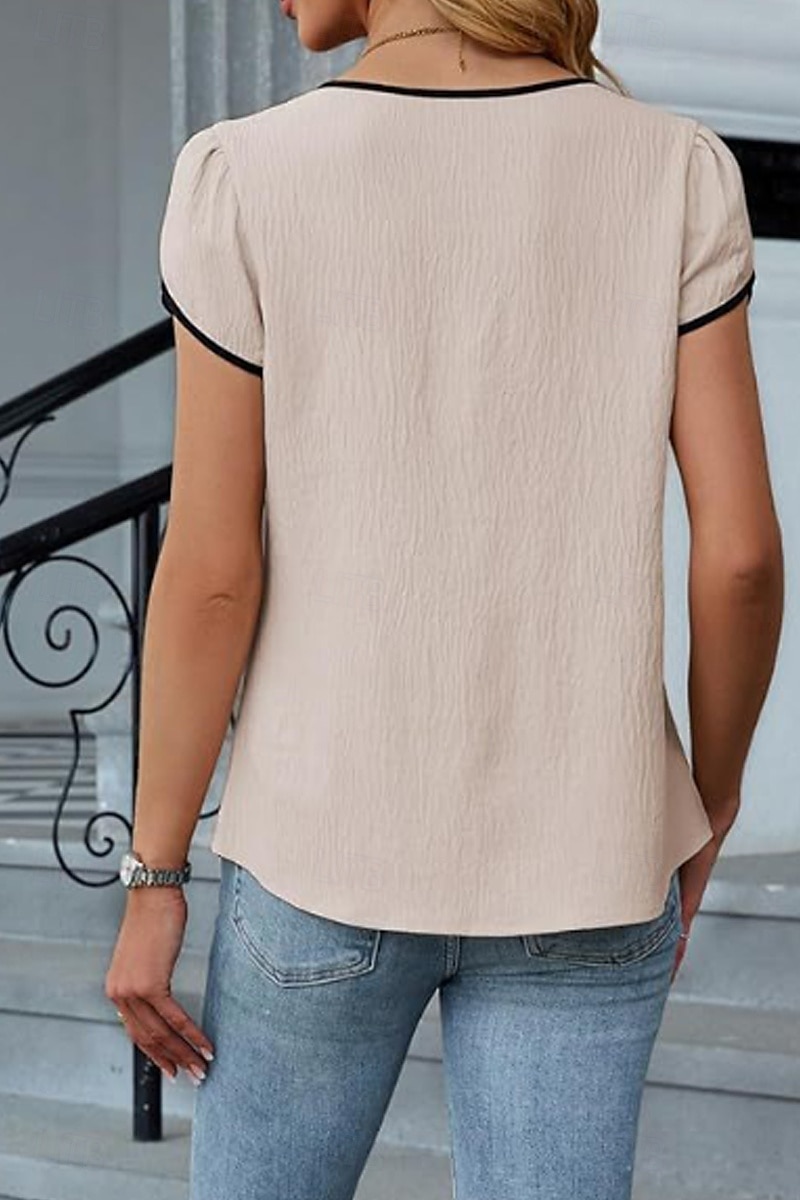 Femmes Chemisier Bloc de Couleur Moderne Occasionnel Manche Courte Col en V Hauts Réguliers Fête Sortir Patchwork Noir Blanche Vert Abricot Été de 2025 ? $21.99 –P15
