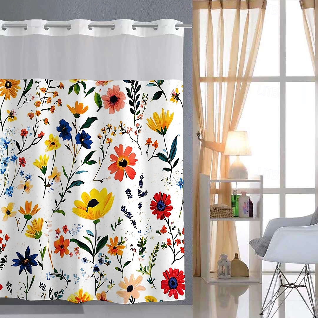 Штора для душа без крючков 180 см * 180 см (70" * 70") с вставным подкладкой из полиэстера прозрачным верхом окна водонепроницаемая двуслойная штора для ванны с узором листьев 2025 - $34.99 –P2