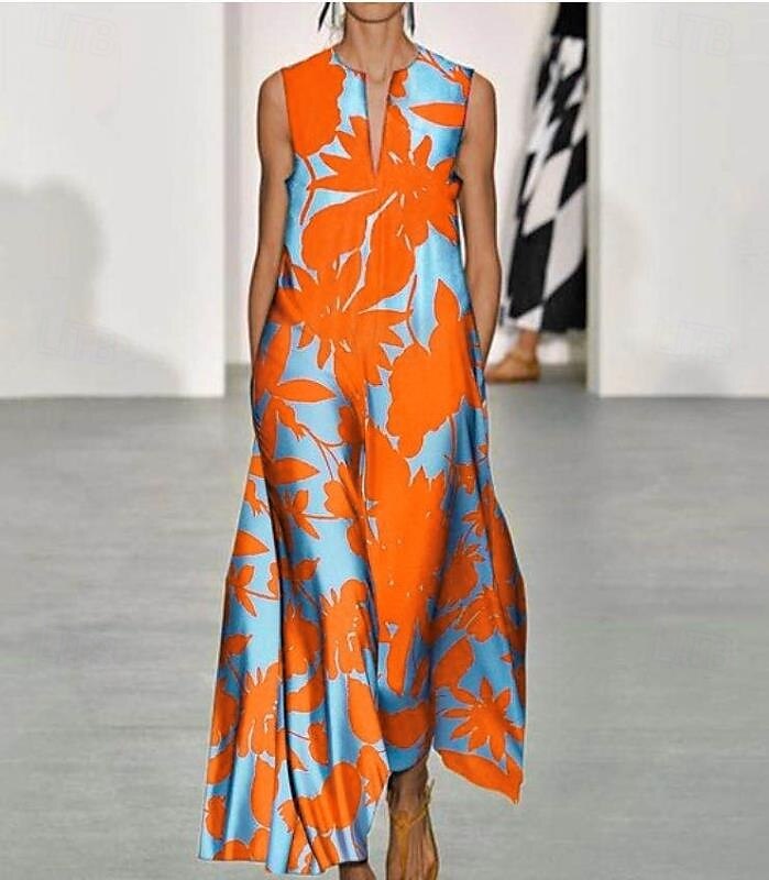 Per donna Abito maxi Abito a trapezio Abito Estivo Vacanza Casual Boho Quotidiano Ferie Vestibilità comoda Floreale Grafico Senza Maniche Scollo a V Rosa Blu Arancione Estate del 2025 a $36.99 –P2