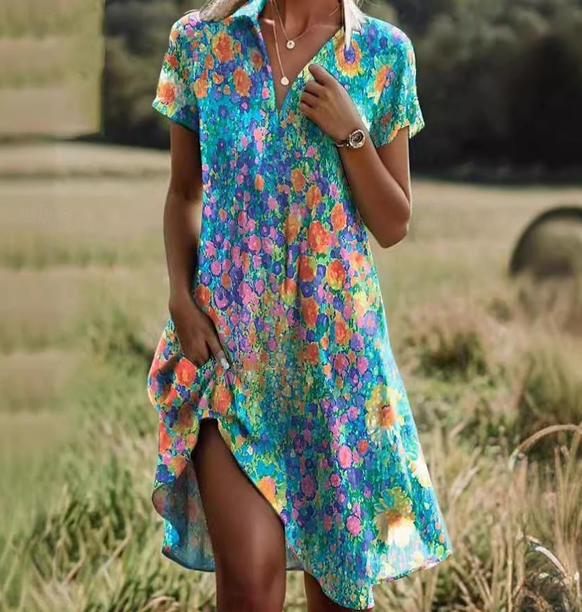 Damen Minikleid A Linie Kleid Sommerkleid Urlaub Lässig Boho Täglich Normale Passform Blumen Grafik Kurzarm Revers Dunkelbraun Rote Blau Grün Sommer 2025 - $26.99 –P4