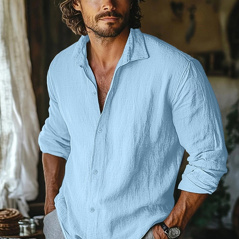 Homens Camisa Social Camisa de linho camisa de verão Roupa de Praia Camisa casual camisa de botão Tecido Casa Férias Azul Céu cáqui Cinzento Manga Longa Lapela Primavera Verão Roupa de 2026 por $26.99 –P13