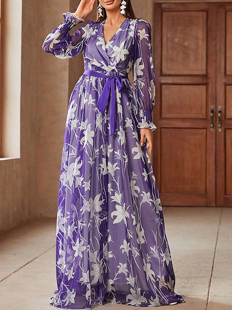 Rochii Rochie Mama Miresei Elegant Casual În V Lungime Podea Mătase imitată Manșon Lung cu Eșarfă / Panglică 2025 2025 - $89.99 –P2