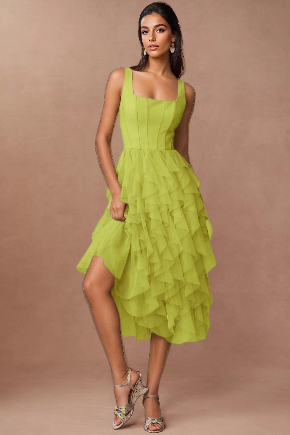 Robe Cocktail Verte A-Line Robe Corset Semi-Formelle Mariage Midi Sans Manches Col Carré Chiffon avec Volants de 2025 ? $148.99 –P1